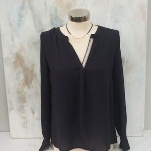 Black silk blouse with with tribal detail on neck